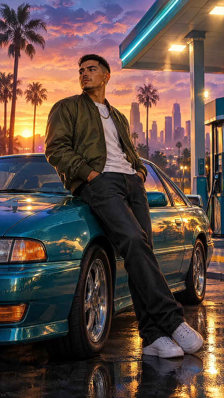 Original cinematic game-inspired illustration of a character beside a coupe at a Chicago neighborhood gas station